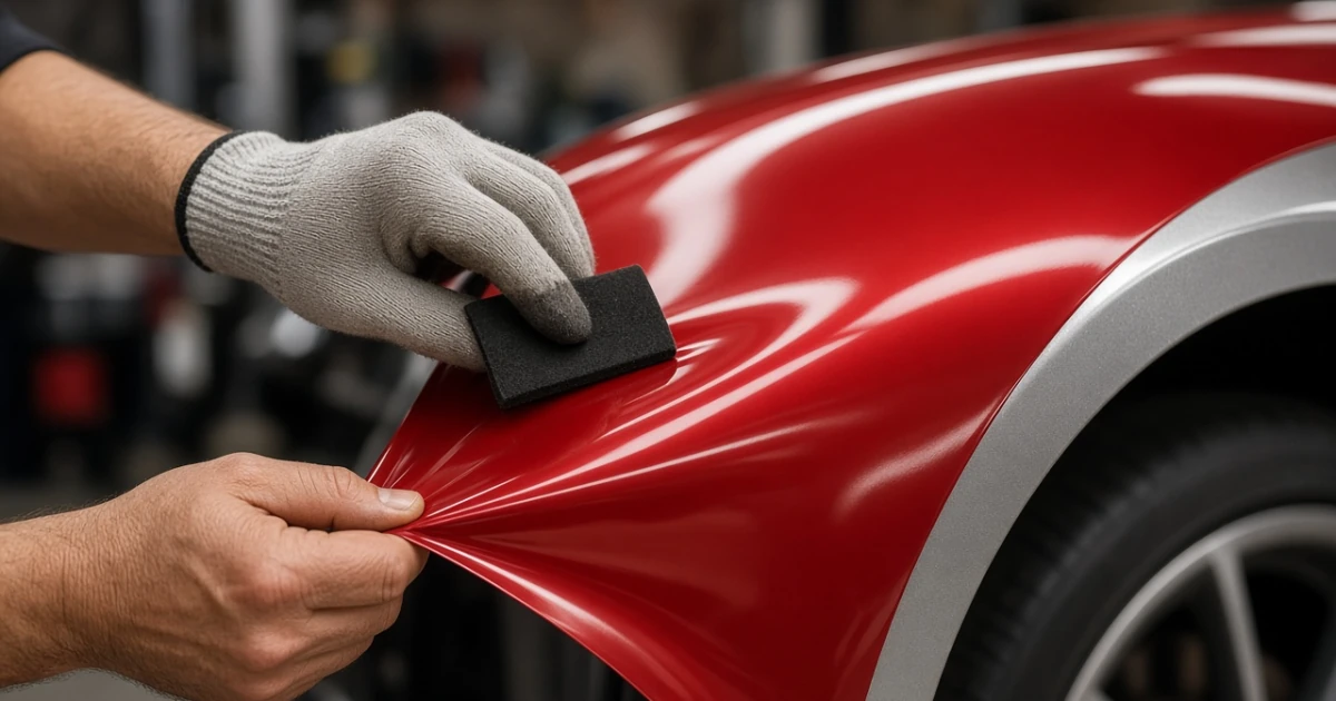 What to Expect During Installation Day 1 Vinyl wrap squeegee application close up in Tampa